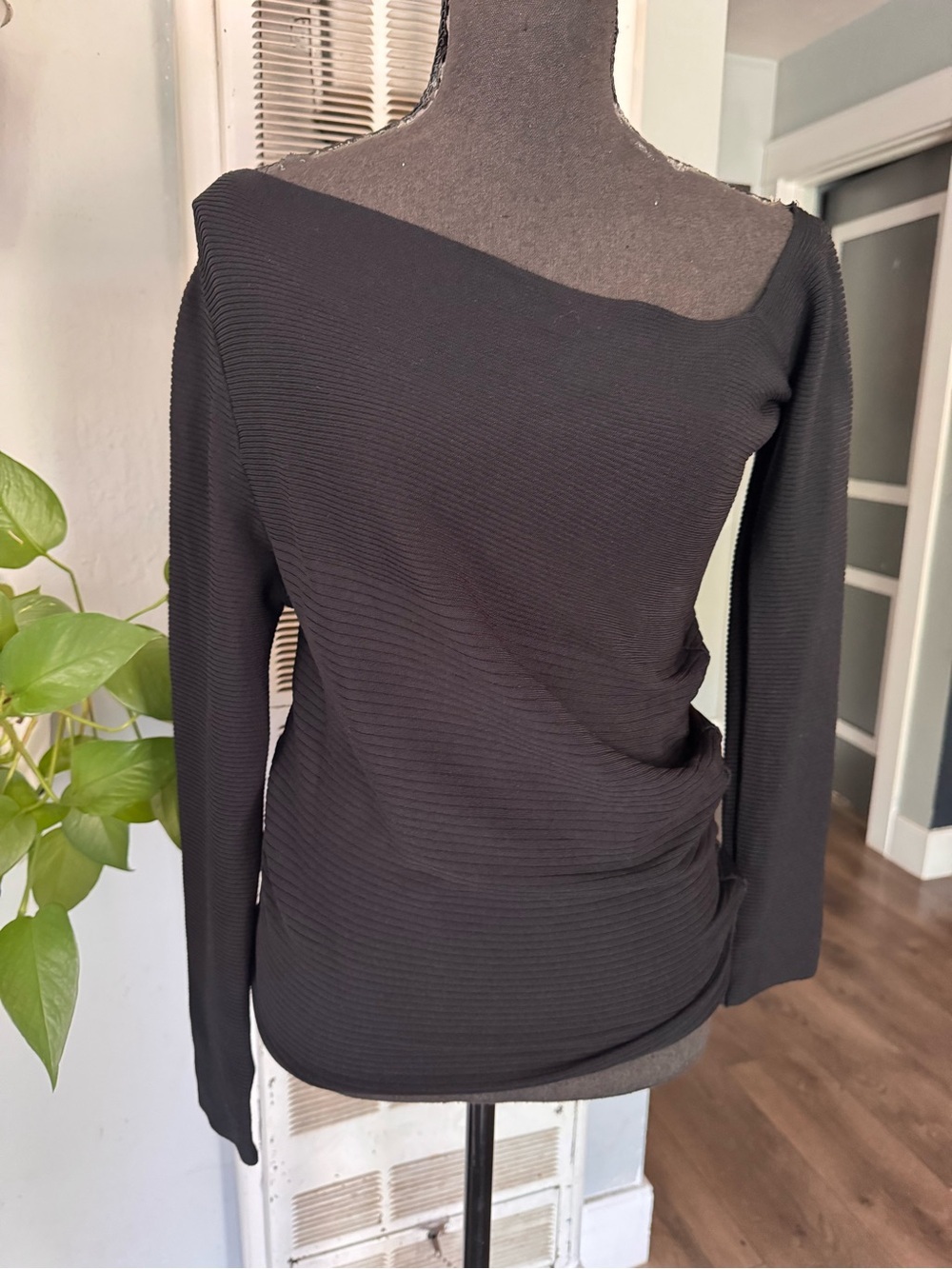 Zara Asymmetric Neck Black Ribbed Long Sleeve Top, Size M
